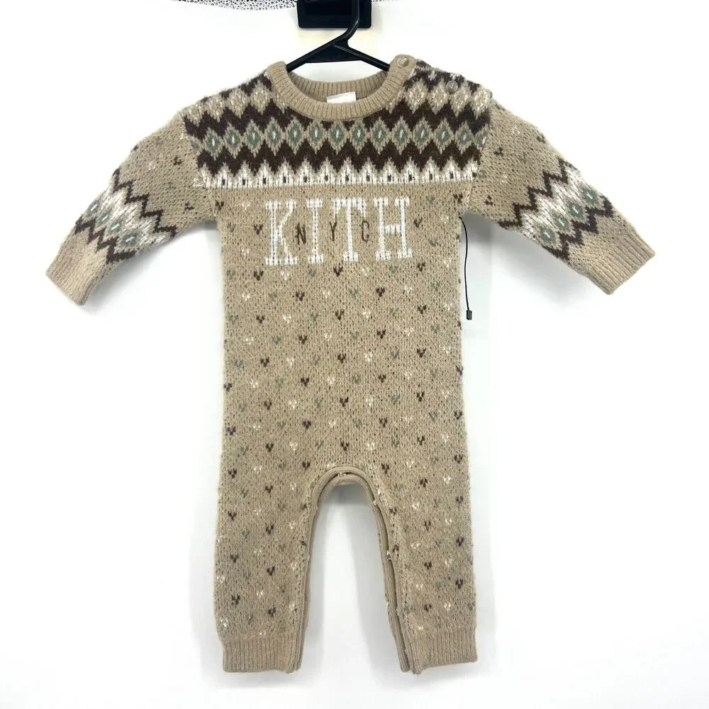 KITH Kids NYC Baby Fair Isle Knit Sweater Romper Coverall Tan 3-6M